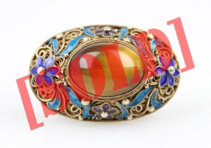 CHIŃSKA BROSZKA EKSPORTOWA SREBRO EMALIA TYGRYSIE OKO