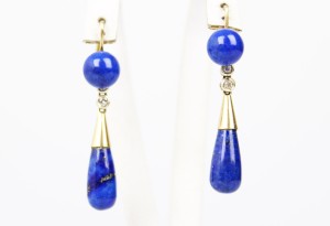 ZŁOTE KOLCZYKI ART DECO  LAPIS LAZULI I DIAMENTY